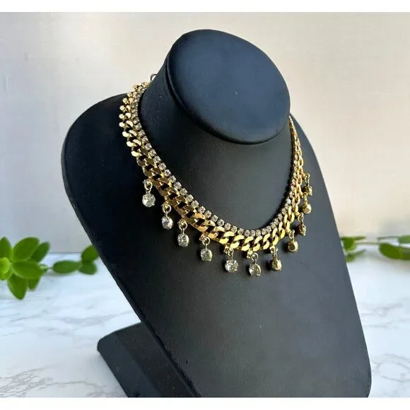 Gold Tone Choker Necklace W/ Clear Rhinestones & Dangles Adjustable 11-14" - Picture 3 of 4